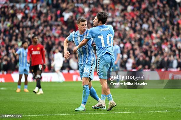 Callum O'Hare celebrates scoring his team's second goal with Ben Sheaf of Coventry City during the Emirates FA Cup Semi Final match between Coventry...