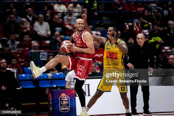 Shavon Shields of EA7 Emporio Armani Milan Kruize Pinkins of Givova Scafati Basket in action during the LBA Lega Basket Serie A Round 28 match...