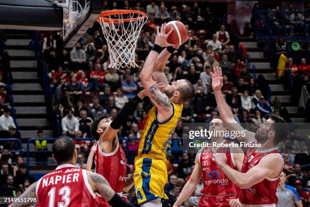 Jack Nunge of Givova Scafati Basket and Giampaolo Ricci of EA7 Emporio Armani Milan in action during the LBA Lega Basket Serie A Round 28 match...