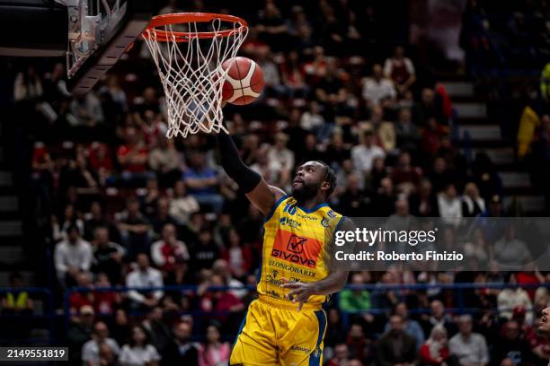 Aristide Mouaha of Givova Scafati Basket in action during the LBA Lega Basket Serie A Round 28 match between EA7 Emporio Armani Milan and Givova...