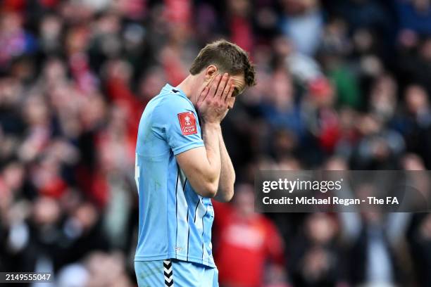 Ben Sheaf of Coventry City reacts after missing the fourth penalty during the Emirates FA Cup Semi Final match between Coventry City and Manchester...