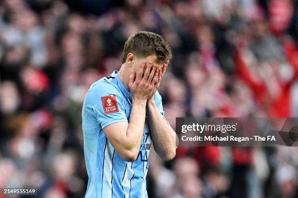 Ben Sheaf of Coventry City reacts after missing the fourth penalty during the Emirates FA Cup Semi Final match between Coventry City and Manchester...