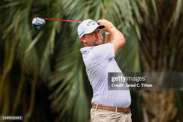 Brice Garnett hits a tee shot on the second hole during the final round of the RBC Heritage at Harbour Town Golf Links on April 21, 2024 in Hilton...