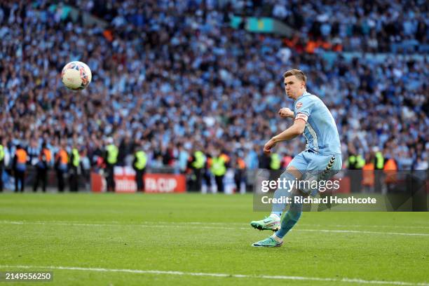 Ben Sheaf of Coventry City misses the team's fourth penalty in the penalty shoot out during the Emirates FA Cup Semi Final match between Coventry...