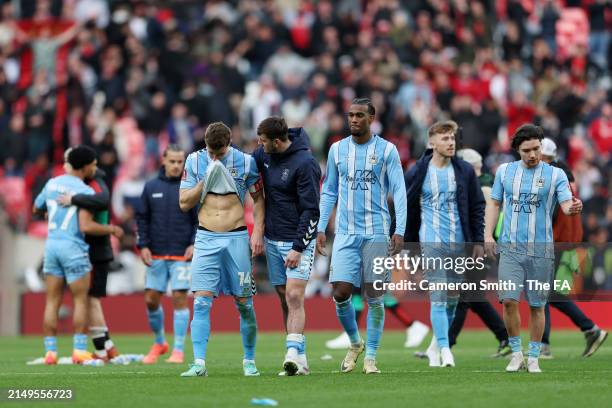Ben Sheaf of Coventry City looks dejected after the team's defeat in the penalty shootout during the Emirates FA Cup Semi Final match between...
