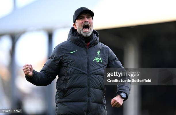 Jurgen Klopp, Manager of Liverpool, celebrates victory after the Premier League match between Fulham FC and Liverpool FC at Craven Cottage on April...