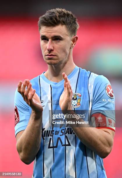 Ben Sheaf of Coventry City applauds the fans after the team's defeat in the penalty shootout during the Emirates FA Cup Semi Final match between...