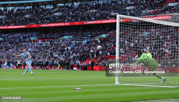Ben Sheaf of Coventry City misses the decisive penalty kick in the shootout during the Emirates FA Cup Semi Final match between Coventry City and...