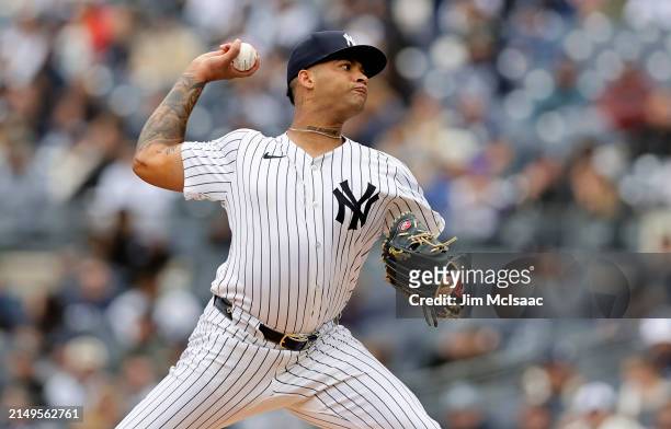 Luis Gil of the New York Yankees pitches during the first inning against the Tampa Bay Rays at Yankee Stadium on April 21, 2024 in New York City.