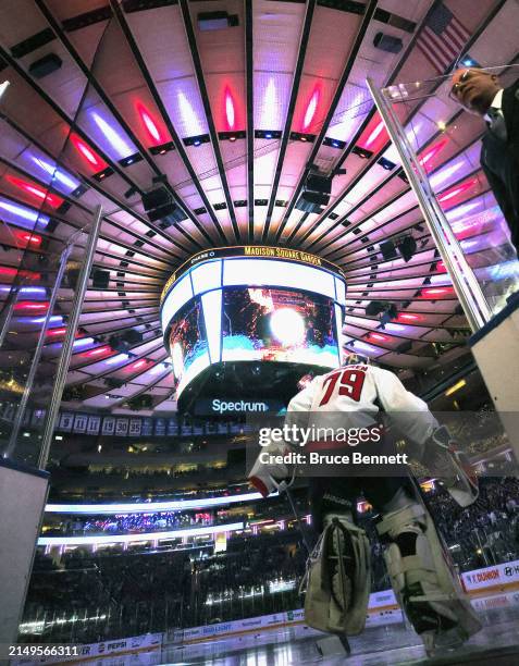 Charlie Lindgren of the Washington Capitals skates out for warmups prior to playing against the New York Rangers in Game One of the First Round of...