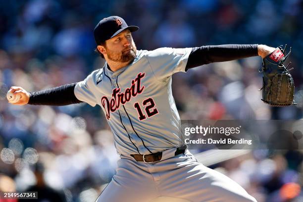 Casey Mize of the Detroit Tigers delivers a pitch against the Minnesota Twins in the first inning at Target Field on April 21, 2024 in Minneapolis,...