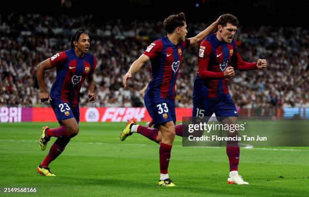 Andreas Christensen of FC Barcelona celebrates with Jules Kounde and Pau Cubarsi of FC Barcelona after scoring his team's first goal during the...