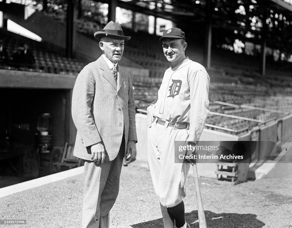 Hall of Fame baseball player Ty Cobb of the Detroit Tigers, right