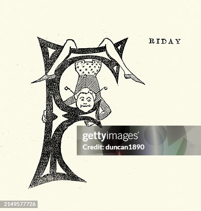 Acrobat ou Bobo, pendurado de cabeça para baixo, vitoriano, letra F maiúscula, sexta-feira, design, década de 1880, século 19 Acrobat ou Bobo, pendurado de cabeça para baixo, vitoriano, letra F maiúscula, sexta-feira, design, década de 1880, século 19
