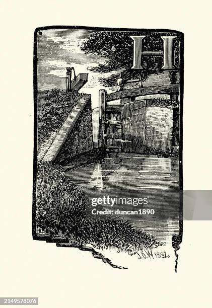victorian canal lock gate, capital letter h design, 1880s, 19th century - canal stock illustrations