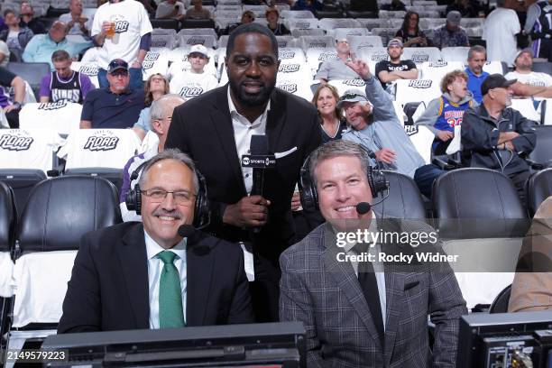 Announcers Stan Van Gundy, Chris Haynes, and Brian Anderson pose for a photo prior to the game between the Golden State Warriors and Sacramento Kings...