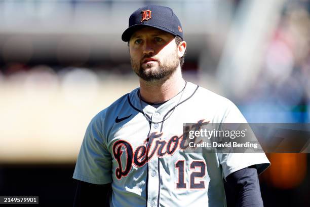 Casey Mize of the Detroit Tigers exits the field after pitching to the Minnesota Twins in the sixth inning at Target Field on April 21, 2024 in...