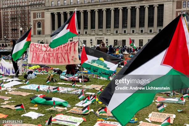 For the fifth day, pro-Palestinian students occupy a central lawn on the Columbia University campus, on April 21, 2024 in New York City. Earlier in...