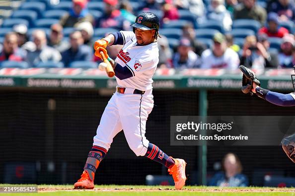 Cleveland Guardians designated hitter Jose Ramirez singles during the ...