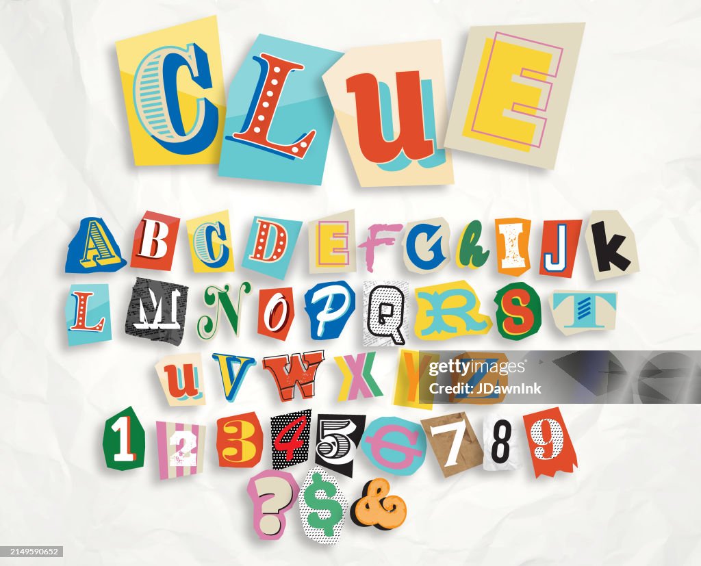 Das Alphabet des Retro-Mystery-Schriftdesigns umfasst Großbuchstaben und Zahlen auf zerbröckeltem Papierhintergrund
