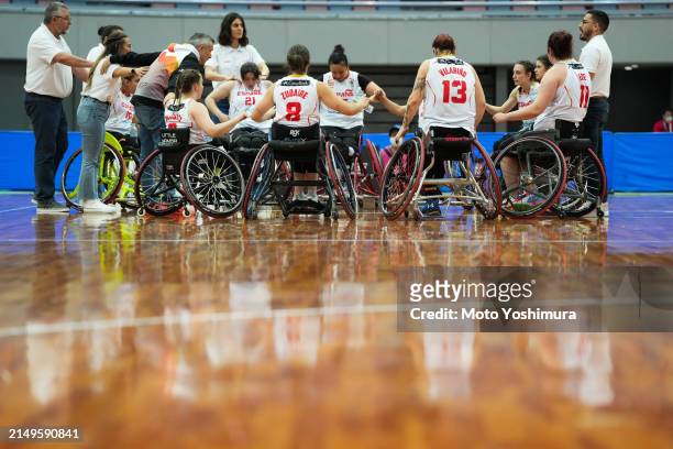 Team Spain celebrate after winning a ticket to Paris 2024 - Olympics during day four of the IWBF Women's Repechage Tournament at Asue Arena Osaka on...