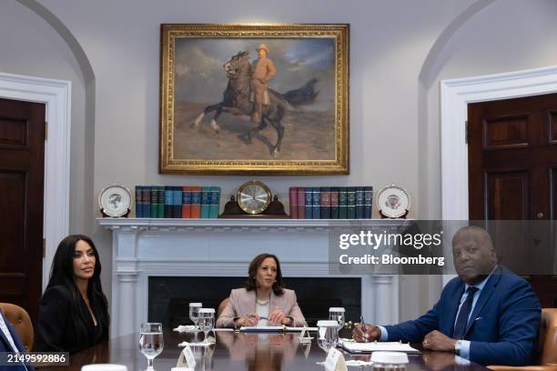 Kim Kardashian, co-founder of SKKY Partners LP, from left, US Vice President Kamala Harris, and Stephen Benjamin, director of the Office of Public...