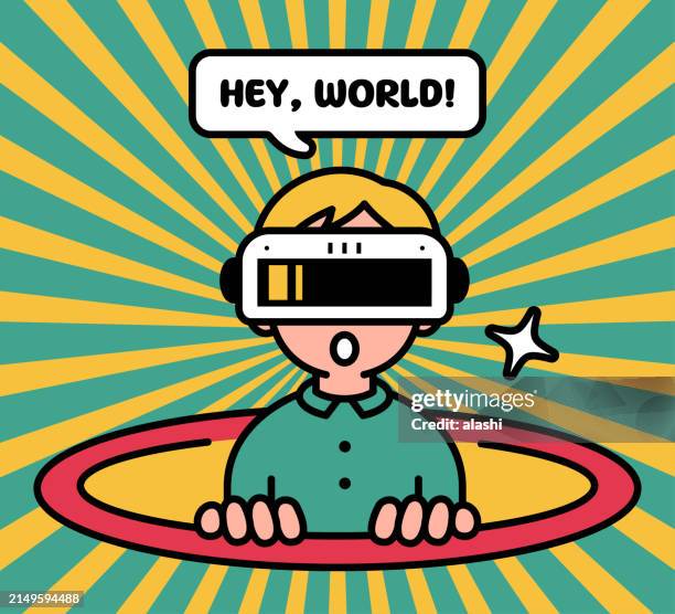 a boy wearing a virtual reality headset or vr glasses pops out of a virtual hole into the metaverse and greets you - peeking window stock illustrations