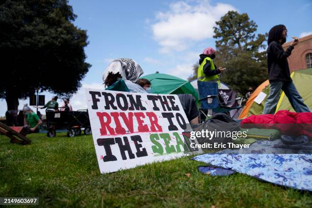 Pro-Palestinian demonstrators occupy an encampment on the campus of UCLA on April 25, 2024 in Los Angeles, California. Activists at UCLA have joined...