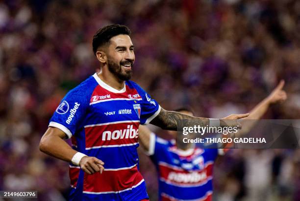 Fortaleza's Argentine forward Juan Martin Lucero celebrates after scoring a goal during the Copa Sudamericana group stage first leg football match...