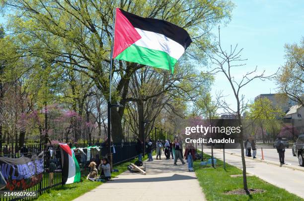 Students set up tents outside Northwestern University as part of an ongoing protest in support of Palestinian rights, demonstrating their commitment...