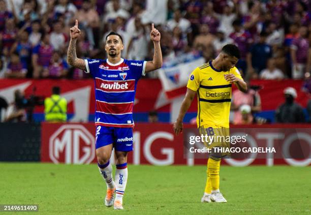 Fortaleza's forward Yago Pikachu celebrates after scoring a goal during the Copa Sudamericana group stage first leg football match between Brazil's...