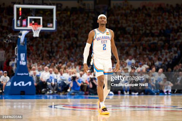 Shai Gilgeous-Alexander of the Oklahoma City Thunder reacts after a play against the New Orleans Pelicans in game one of the Western Conference First...