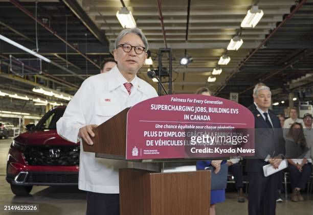 Honda Motor Co. President Toshihiro Mibe speaks during a press conference in Alliston in the Canadian province of Ontario on April 25 on his...