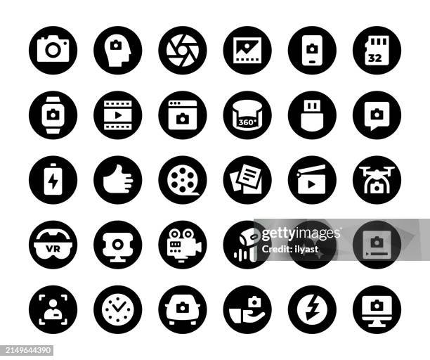 ilustraciones, imágenes clip art, dibujos animados e iconos de stock de conjunto de iconos minimalistas en blanco y negro para editor de imágenes y videos - equipo de montaje