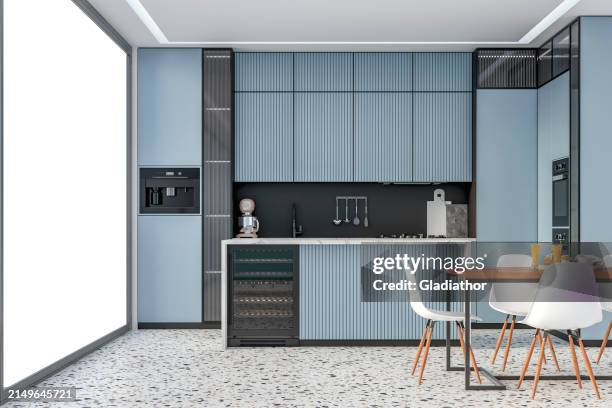 modern light blue kitchen with marble rectangular breakfast kitchen island, full dining table, and white chairs on the terrazzo floor, a large floor-to-ceiling window on a side - big coffee machine stock pictures, royalty-free photos & images
