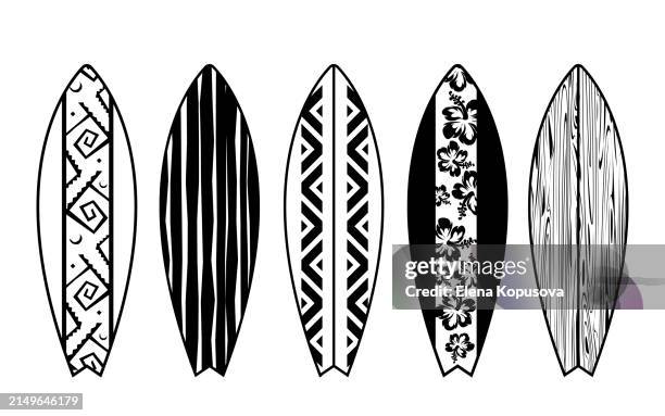 ilustrações de stock, clip art, desenhos animados e ícones de summer exotic holiday concept in flat style. surfboards with summer abstract pattern isolated on white background. black and white tropical vector set. - prancha