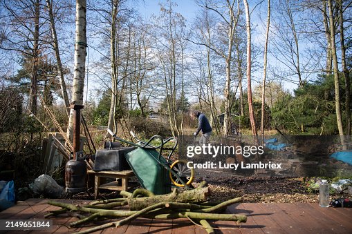 Senior Man Using a Spade to Uproot a Tree Trunk Senior Man Using a Spade to Uproot a Tree Trunk