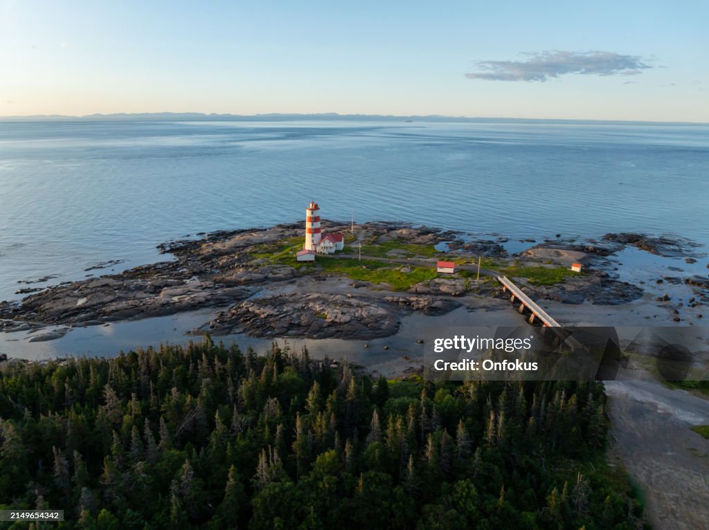 Aerial view of Pointe-des-Monts Lighthouse at sunrise, Cote-Nord, Quebec