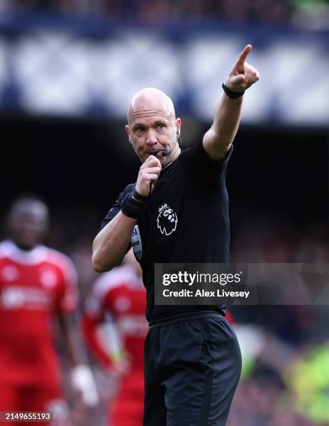 Referee Anthony Taylor during the Premier League match between Everton FC and Nottingham Forest at Goodison Park on April 21, 2024 in Liverpool,...