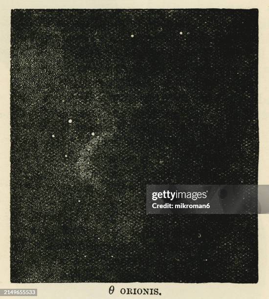 old engraved illustration of astronomy - sigma orionis or sigma ori, a multiple star system in the constellation orion, consisting of the brightest members of a young open cluster - orion belt stock pictures, royalty-free photos & images