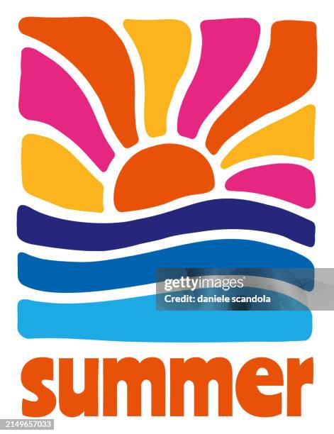 ilustraciones, imágenes clip art, dibujos animados e iconos de stock de puesta de sol retro sobre el mar o el océano con silueta de sol y agua. - hippy