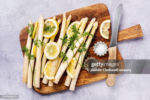 white asparagus with lemon and dill - asparagus stock pictures, royalty-free photos & images