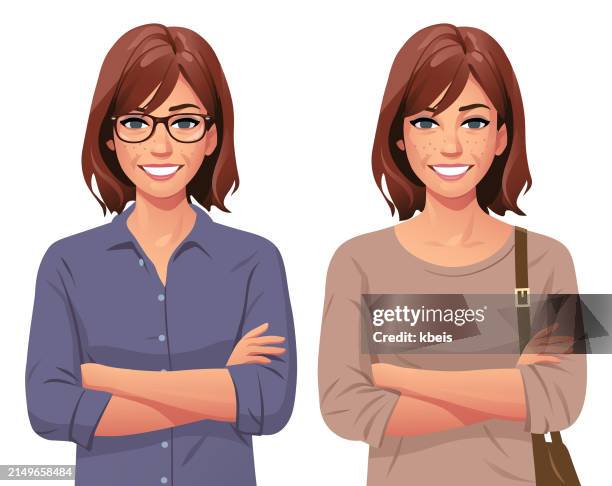 young red-haired woman with glasses - freckle stock illustrations