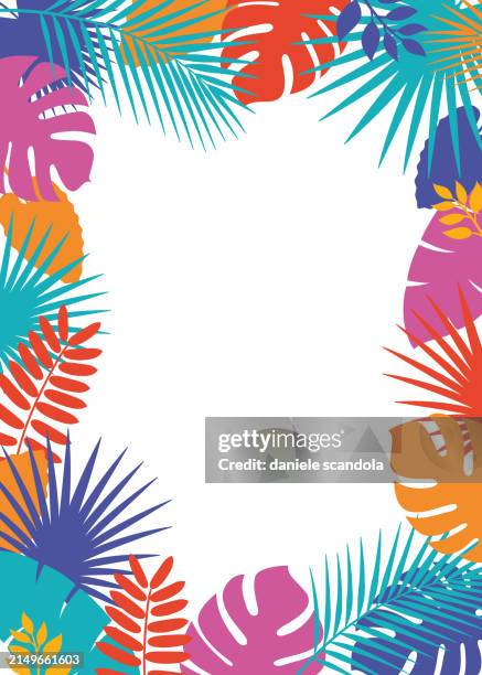 sommerhintergrund, abstraktes design mit tropischen blättern, bunte formen. - tropisches muster stock-grafiken, -clipart, -cartoons und -symbole
