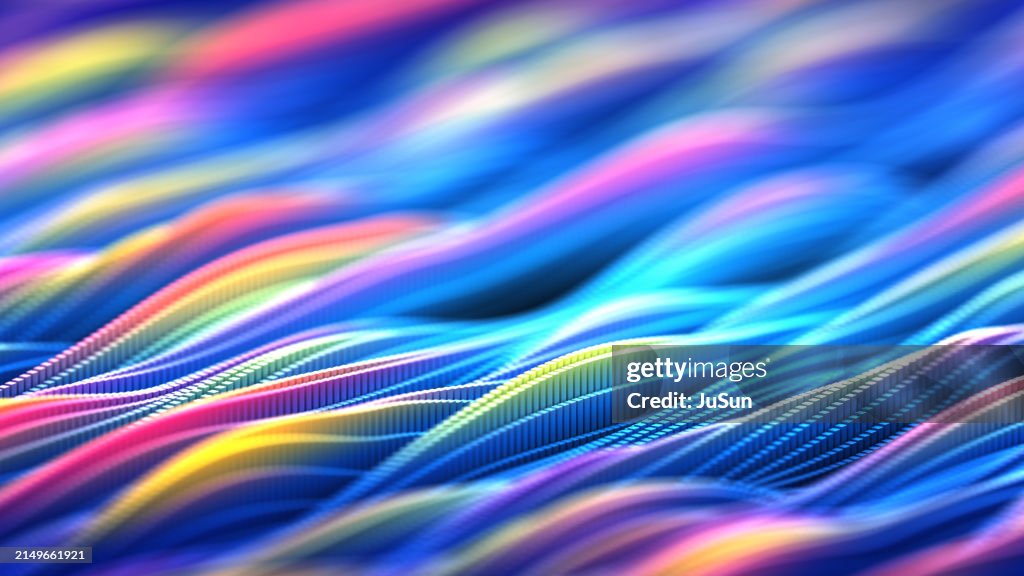 Futuristic colorful wavy motion background, rippled curved flowing pattern, with square shape particulars. 3d illustration.
