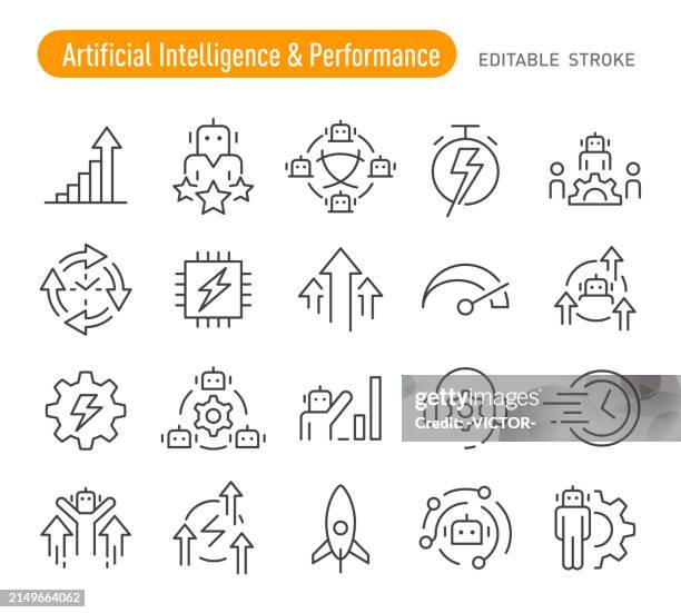 artificial intelligence and performance icons - line series - computer chip close up stock illustrations