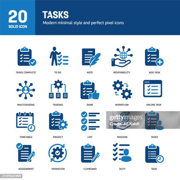 tasking glyph solid icons. containing to do, list, operation, duty, clipboard solid icons collection. vector illustration. for website design, logo, app, template, ui, etc. - project management vector stock illustrations