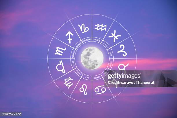 zodiac signs inside of horoscope circle. astrology in the sky with many stars and moons astrology and horoscopes concept - astrologie photos et images de collection