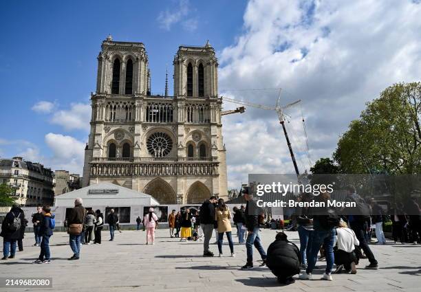 , France - 18 April 2024; A viiew of Notre Dame cathedral, which was damaged by fire in 2019, as restoration work continues in Paris ahead of the...