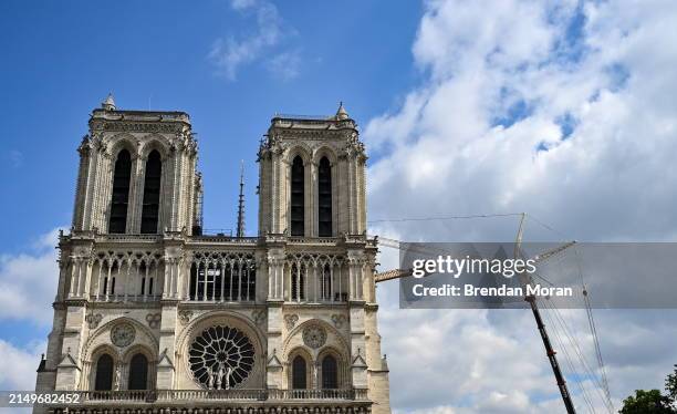 , France - 18 April 2024; A viiew of Notre Dame cathedral, which was damaged by fire in 2019, as restoration work continues in Paris ahead of the...